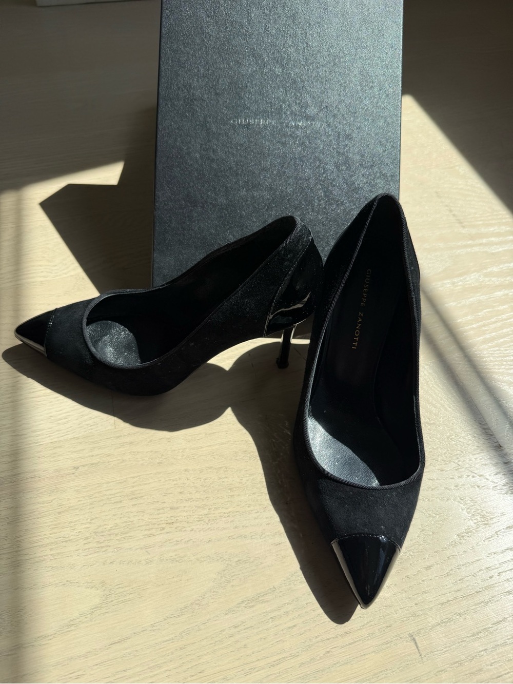 Gianvito Rossi Black Suede Pointed Toe Pumps with Patent Cap